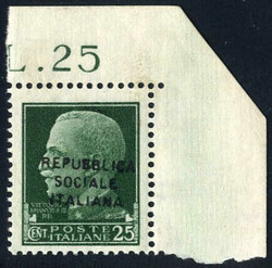 1944, 25 c. verde con soprastampa "k" senza fascetto falso nuovo con ...