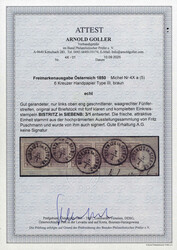1850, 6 Kreuzer Handpapier Type III, waagrechter Fünferstreifen auf ...