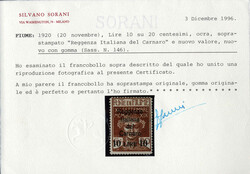 1920, Reggenza Italiana del Carnaro, 10 i. su 20 c. ocra, nuovo con ...