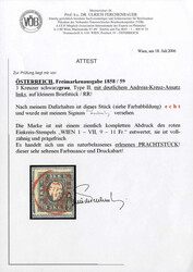 1858/59, 3 Kr. Freimarkenausgabe, schwarzgrau, mit deutlichem ...