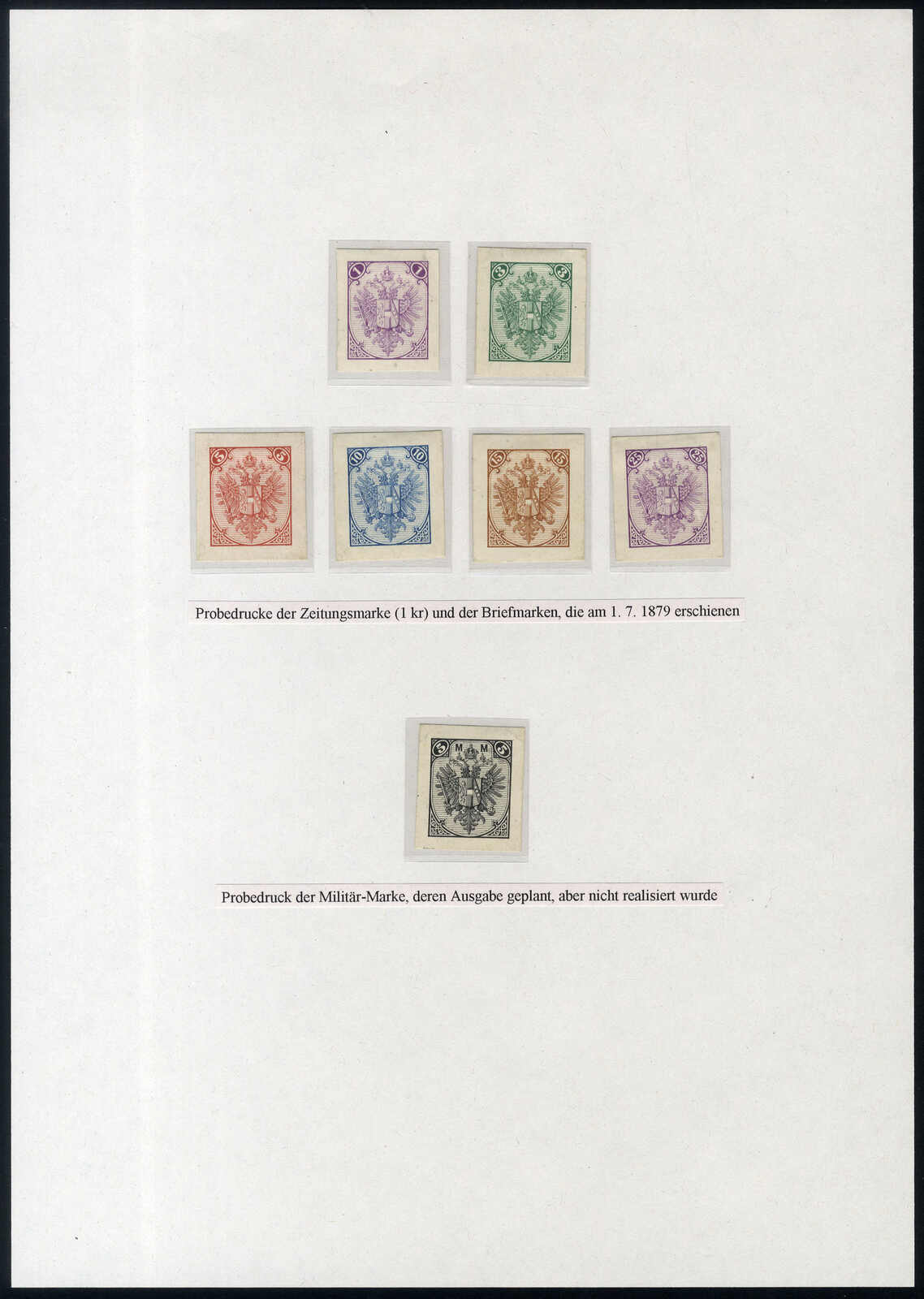 1879, Probedrucke im Steindruck der Zeitungsmarke (1 kr. lila) undder ...