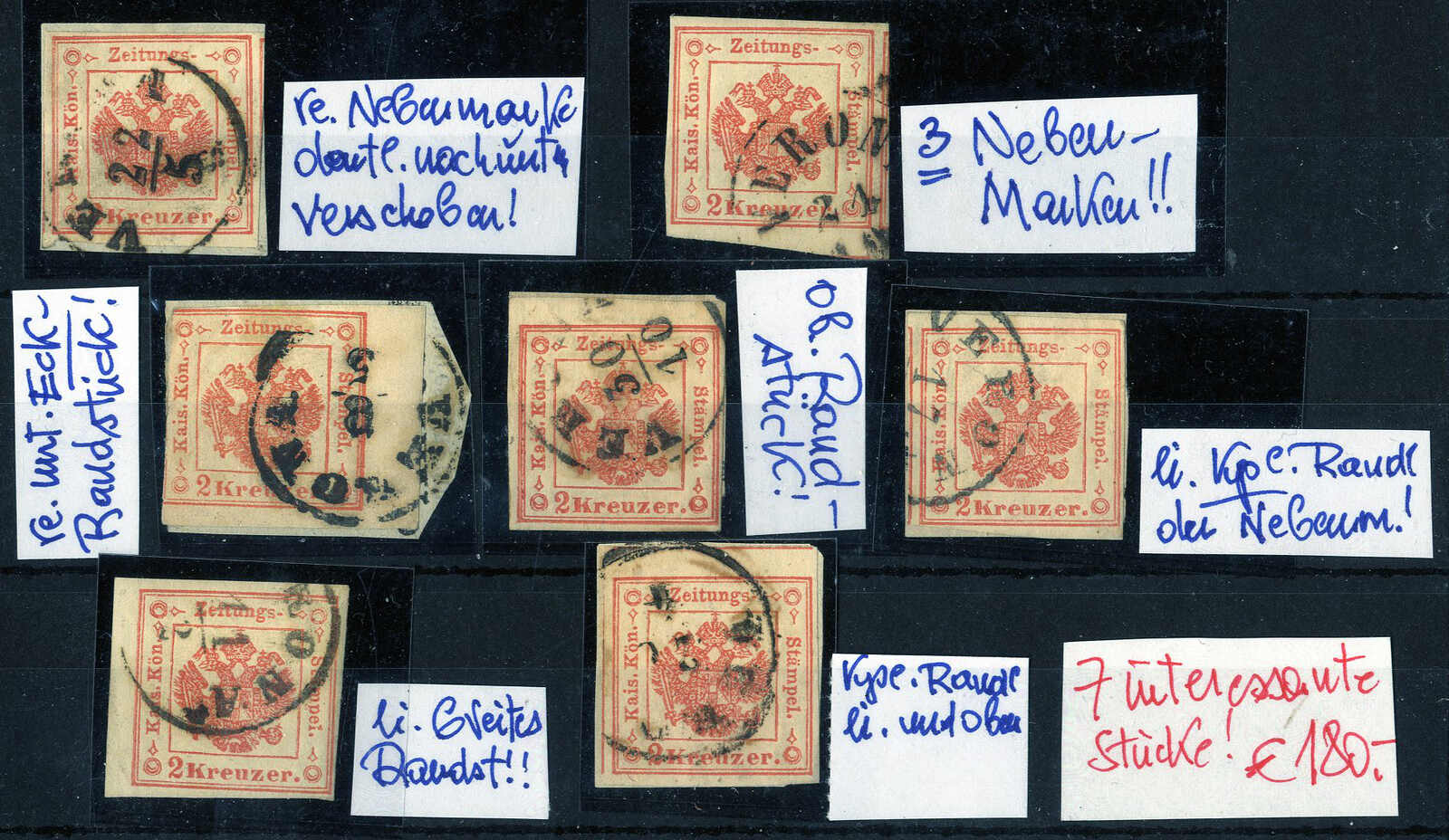 1858, cartoncino con sette 2 kr. vermiglio (cinque frammenti) IItipo, ...