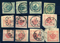 1853/1858, cartoncino con quattro 2 kr. verde I tipo e otto 2 kr ...