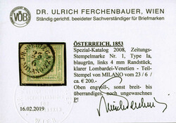 1853/1858, cartoncino con quattro 2 kr. verde I tipo e otto 2 kr ...