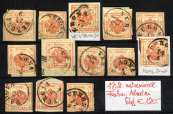 1858, cartoncino con tredici 2 kr. vermiglio (cinque frammenti) ...