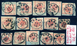 1858, cartoncino con quindici 2 kr. vermiglio (dodici frammenti) ...