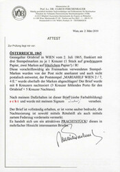 1865, gesiegelter Ortsbrief in Wien am 2.7. frankiert mit drei 1 Kr. ...
