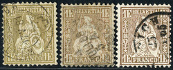 1881, Sitzende Helvetia 1 Franken in golden, goldbronze rötlich und ...
