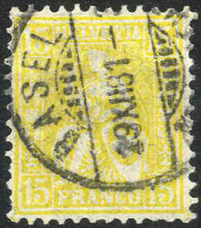 1881, Sitzende Helvetia 15 Rappen gelb, gestempelt, einige verkürzte ...