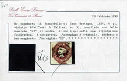 1847, Queen Victoria, 6 Pence mattlila, gestempelt, Attest E.Diena, ...