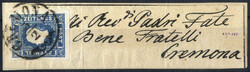 1859, fascia per giornali da Cremona il 3.2 per città affrancatacon ...