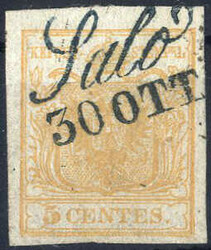 1850, 5 c. ocra arancio bruno, annullo azzurrastro Saló il 30.10, ...