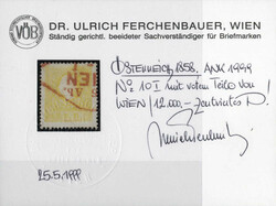 1858, 2 Kr. Freimarke Kaiserkopf nach links, gelb, mit rotem ...