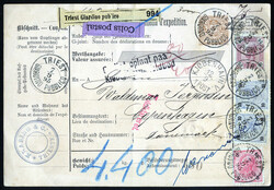 1895/1905, zwei Paketbegleitadressen von Triest: 5 Kr. vom 7.9.1895 ...