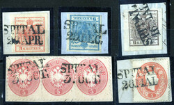 SPITTAL, Lot fünf Briefstücke frankiert mit 3 Kr. blau, 6 Kr. braun ...