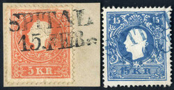 SPITTAL, 5 Kr. rot und 15 Kr. blau der Ausgabe 1858/9 in Type II, mit ...