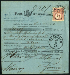 1871, Postanweisung von Nezsider (Burgenland) am 28.11. nach Wien ...
