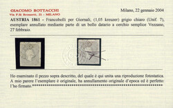 1861, 1.05 Kr. hellgrau, gut bis breit gerandet und mit einem ...