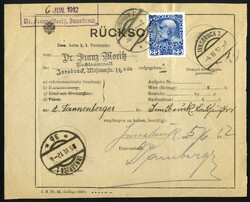1912, Rückschein von Innsbruck am 4.6. frankiert mit 25 H. blau, ...