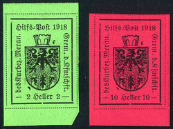 1918, 2 verde chiaro e 10 Heller carminio lilla, nuovo con gomma ...