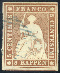 1855, Sitzende Helvetia 5 Rappen mit grünem Seidenfaden, gestempelt ...