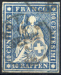 1855, Sitzende Helvetia 10 Rappen mit rotem Seidenfaden, gestempelt, ...