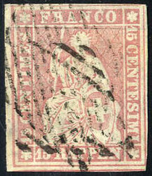 1855, Sitzende Helvetia 15 Rappen mit grünem Seidenfaden, gestempelt ...