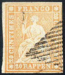 1855, Sitzende Helvetia 20 Rappen mit grünem Seidenfaden, gestempelt ...