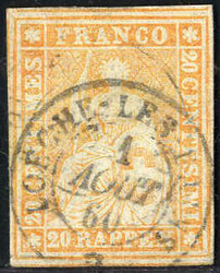 1855, Sitzende Helvetia 20 Rappen mit grünem Seidenfaden, gestempelt ...