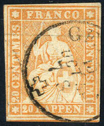 1855, Sitzende Helvetia 20 Rappen mit grünem Seidenfaden, gestempelt ...