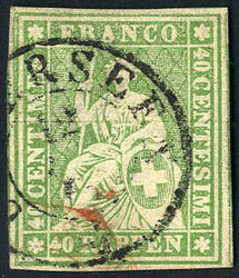 1855, Sitzende Helvetia 40 Rappen mit grünem Seidenfaden, gestempelt ...
