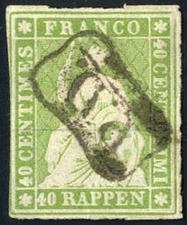 1855, Sitzende Helvetia 40 Rappen mit grünem Seidenfaden, gestempelt ...