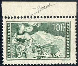 1828, Freimarke 10 Franken vom Oberrand, postfrisch, signiert Sorani, ...