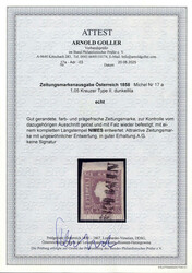 1858, Zeitungsmarke 1,05 Kr. in dunkellila, gestempelt NIMES, Attest ...