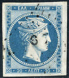 1861, Paris print 20 lepta blue used, sheet margin at right and very ...