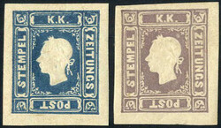 1885, Fellner Neudruck 1885, Zeitungsmarke blau und graulila 1858, ...