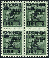 1945, monumenti distrutti soprastampati 2 l. su 25 c. verde, blocco ...