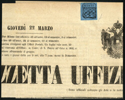 1855, "Gazzetta Ufficiale di Milano" testata affrancata con 9 c. nero ...