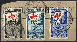 1951, Concorso Ginnici, serie completa tre valori su frammento usati ...