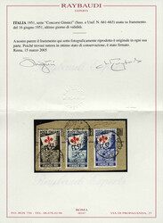 1951, Concorso Ginnici, serie completa tre valori su frammento usati ...