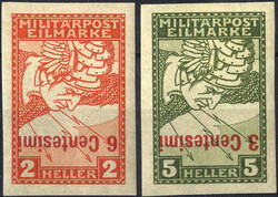 1918, Eilmarken 2 und 5 Heller ungezähnt mit vertauschtem ...