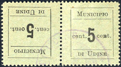 1918, Municipio di Udine, 5 cent. nero su verde, coppia orizzontale ...