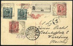 1908, cartolina postale Leoni10 c. carminio con soprastampa "20 Parà ...