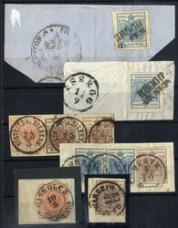 1850, Steckkarte mit 4 Briefstücken (zwei 9 Kr. eines mit ...