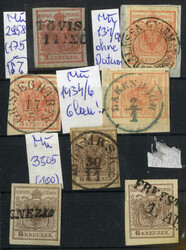 1850, Steckkarte mit 7 Werten mit selteneren Abstempelungen (u.a. ...