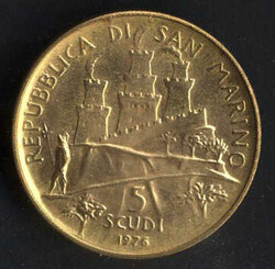 5 Scudi 1976, moneta in oro in astuccio originale, FDC 15 gr. (917)