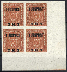 1918, 10 Kronen mit Aufdruck, ungezähnter Viererblock vom rechten ...