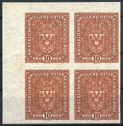 1918, 10 Kronen ohne Aufdruck, ungezähnter Viererblock vom linken ...