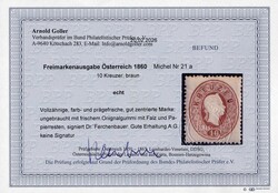1860, 10 Kreuzer braun, ungebrauchte Marke, signiert Dr. Ferchenbauer ...