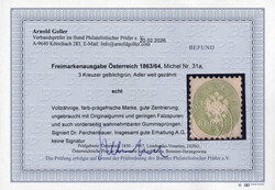 1863/64 3 Kreuzer gelblichgrün, ungebrauchtes Prachtstück, signiert ...